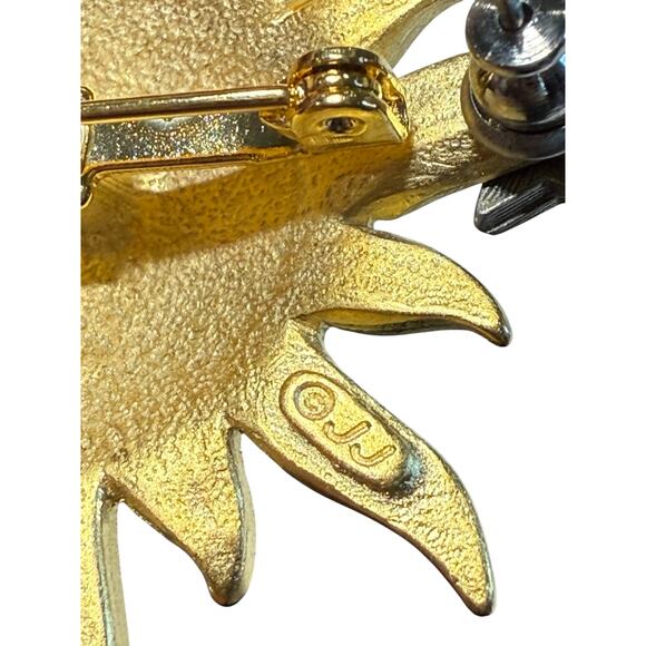 Vintage JJ Jonette Brooch Signed Gold Tone Celestial Sun Star Earrings Lapel Pin - Picture 5 of 7